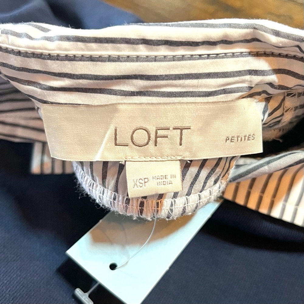 Loft Mixed Media Sweatshirt Women XS Petite Navy Striped Layered Preppy Classic - Picture 9 of 12